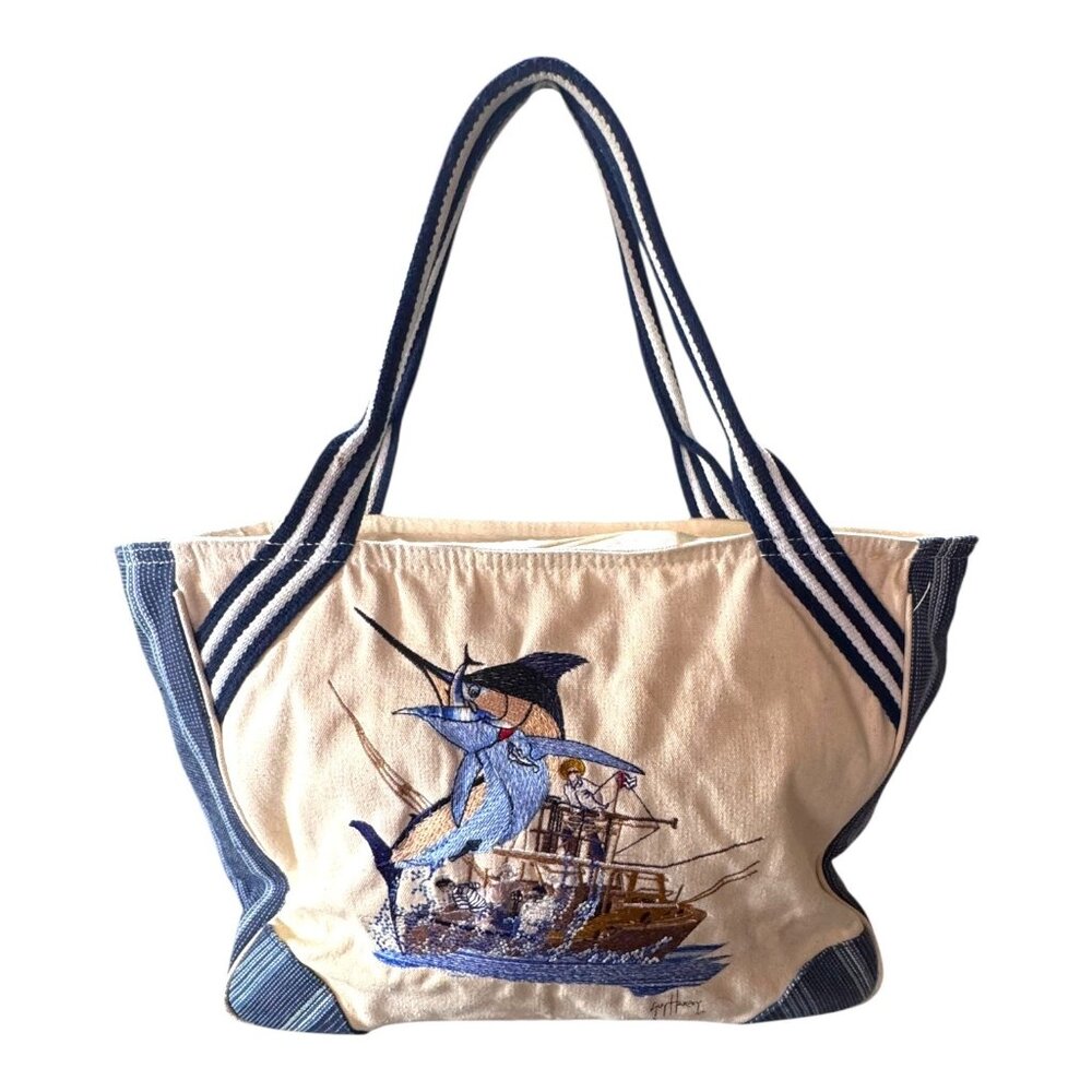 Guy Harvey Save Our Oceans Nautical Fishing Beach Embroidered Canvas Tote Bag SE